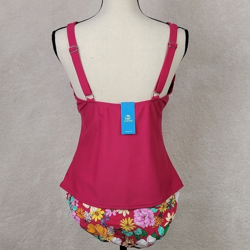 Cupshe New Women's L Pink Floral Crossover V-Neck Mid Rise Waist Tankini Set - Picture 3 of 16